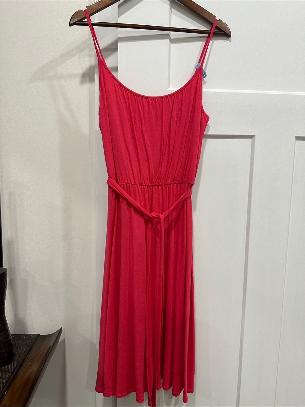 LOFT Red Spaghetti-Strap Belted Midi Dress